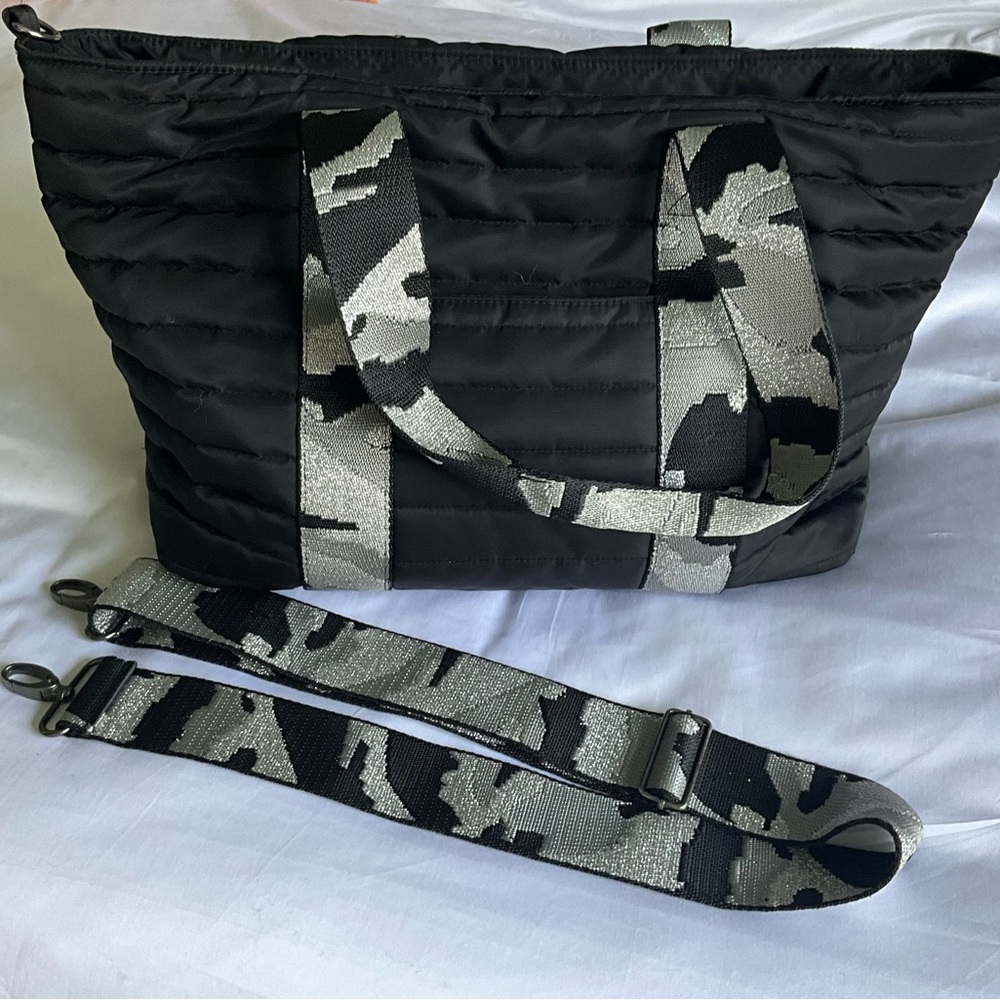 Think Royln Large Black Quilted Tote Bag with Camouflage Metallic Strap